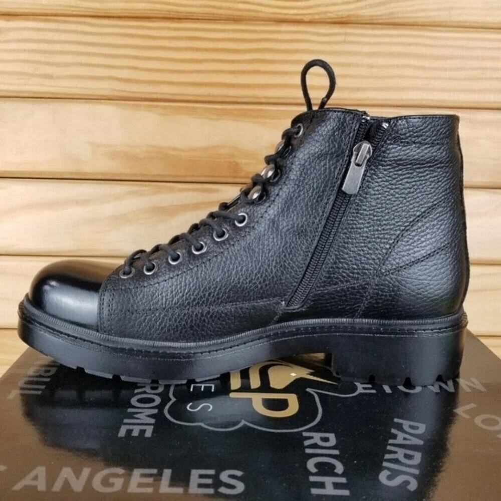 Men's 9M 100% Genuine Leather Black Ankle Boots by Paul Branco Side Zip Lace-up